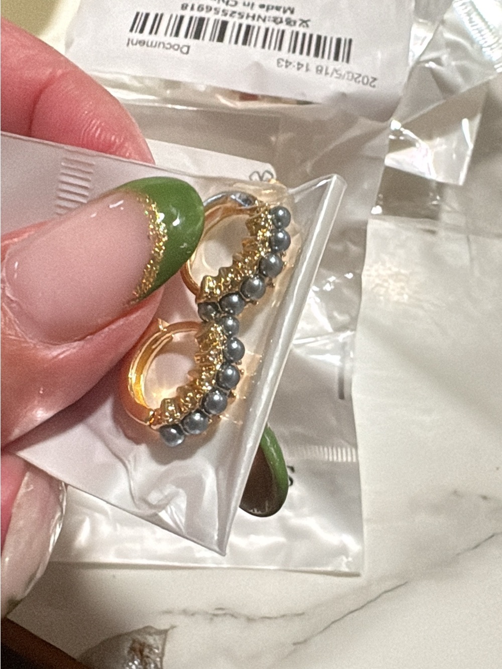 Gold-Tone Hoop Earrings with Gray Pearl Accents